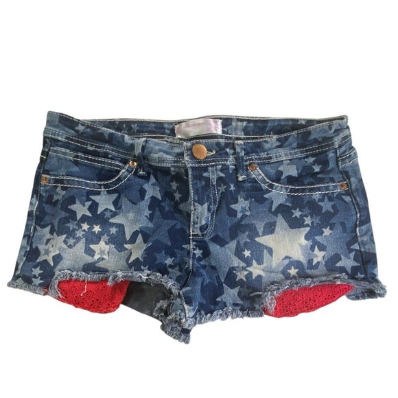No Boundaries Denim Cutoff Shorts Stars & Red Lace Trim Pockets Frayed Hem Y2K - Picture 8 of 8